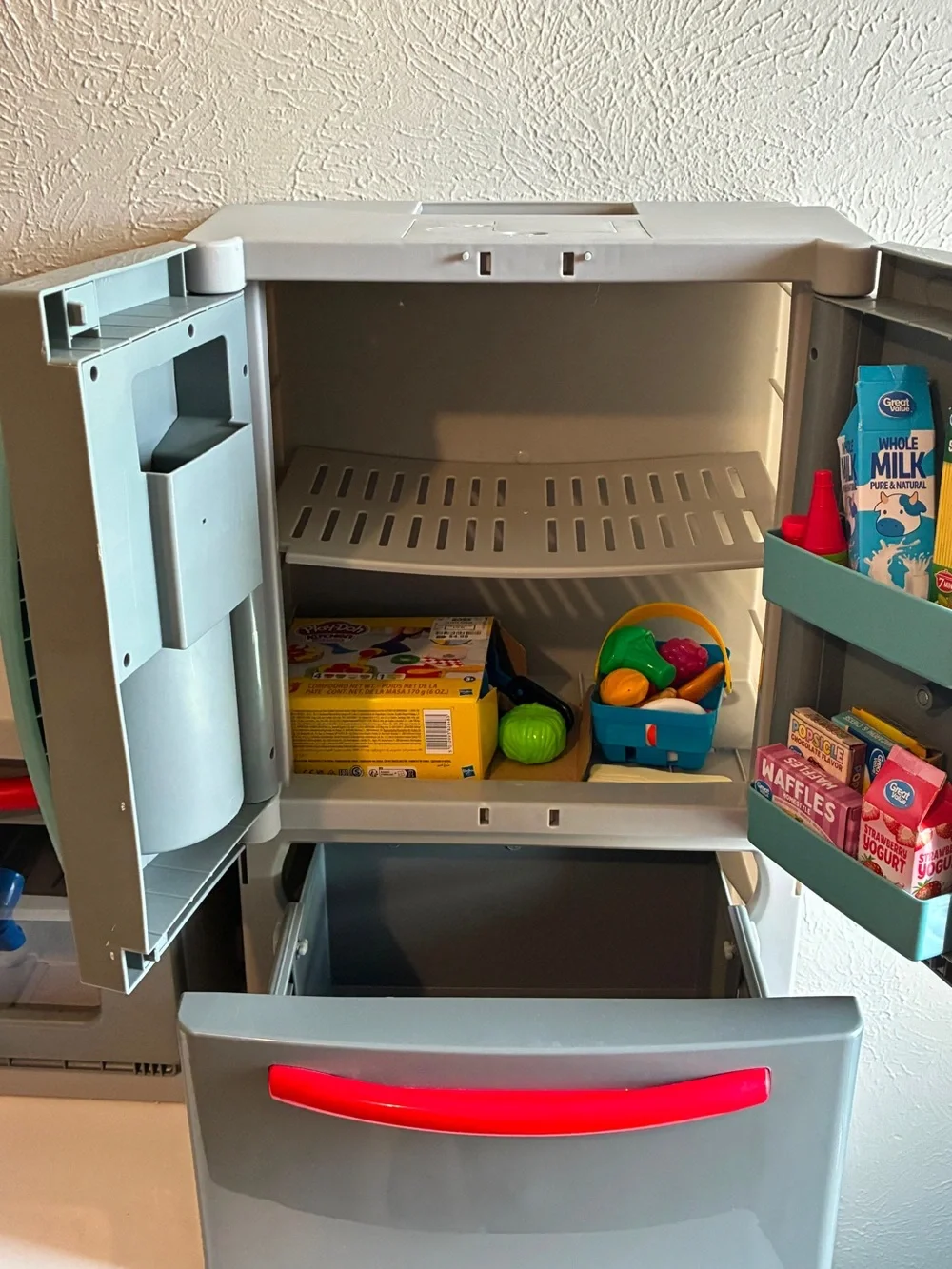Target Gray Play Refrigerator with Teal Handles and Red Drawer Accent